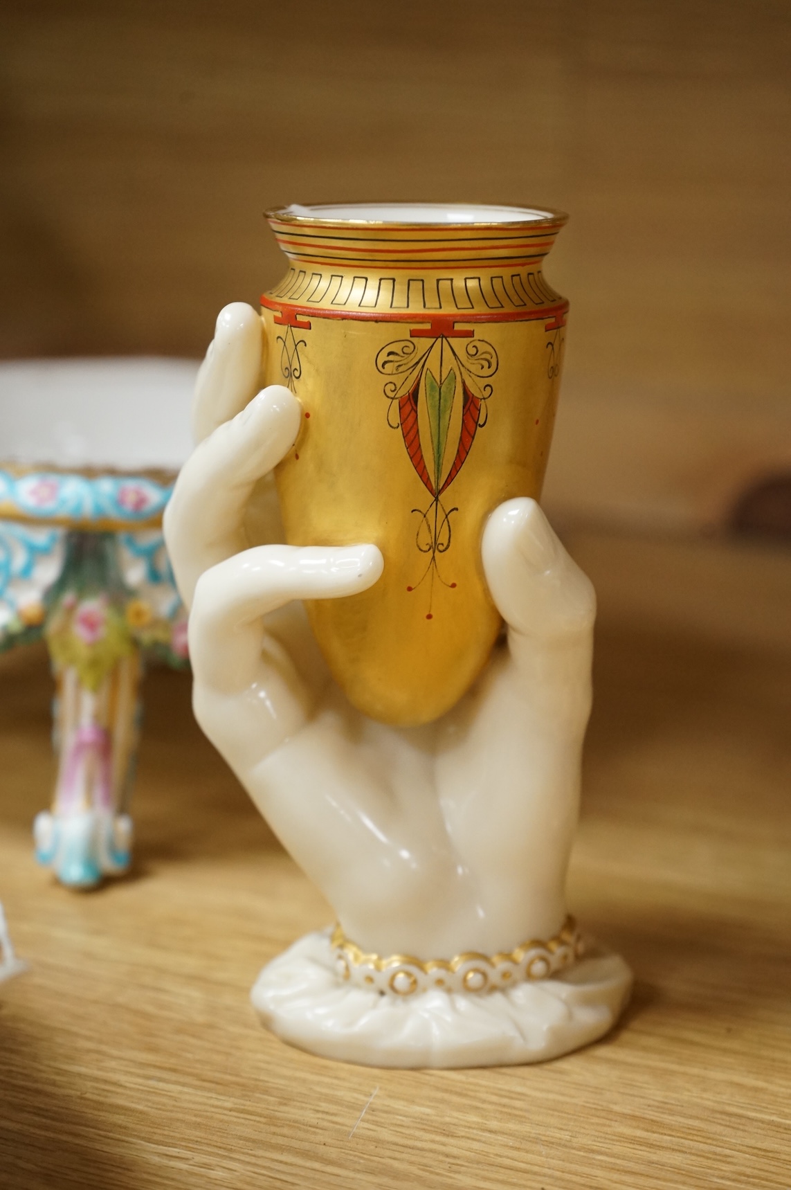 A Victorian Royal Worcester Hadley’s hand vase, a Spode dish and a Meissen style centre piece, largest 27cm wide